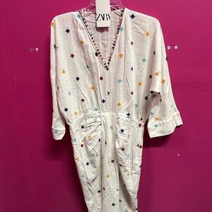 Zara Sahani Midi Dress w/ colorful embroidery and small pompoms. NWT